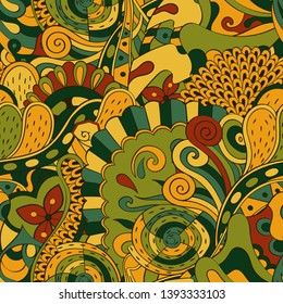 Tracery seamless pattern. Mehndi design. Ethnic colorful doodle texture. Curved doodling background. Vector