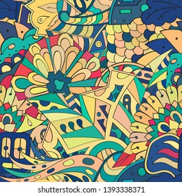 Tracery seamless pattern. Mehndi design. Ethnic colorful doodle texture. Curved doodling background. Vector