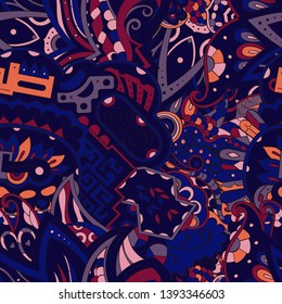 Tracery seamless pattern. Mehndi design. Ethnic colorful doodle texture. Curved doodling background. Vector
