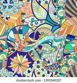 Tracery seamless pattern. Mehndi design. Ethnic colorful doodle texture. Curved doodling background. Vector