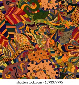 Tracery seamless pattern. Mehndi design. Ethnic colorful doodle texture. Curved doodling background. Vector