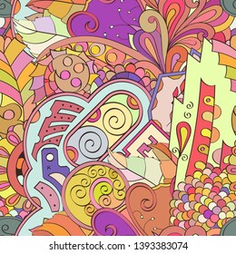 Tracery seamless pattern. Mehndi design. Ethnic colorful doodle texture. Curved doodling background. Vector
