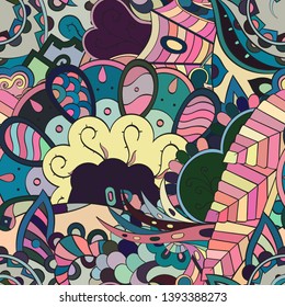 Tracery seamless pattern. Mehndi design. Ethnic colorful doodle texture. Curved doodling background. Vector