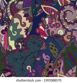 Tracery seamless pattern. Mehndi design. Ethnic colorful doodle texture. Curved doodling background. Vector