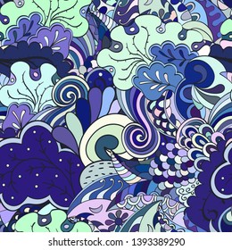 Tracery seamless pattern. Mehndi design. Ethnic colorful doodle texture. Curved doodling background. Vector