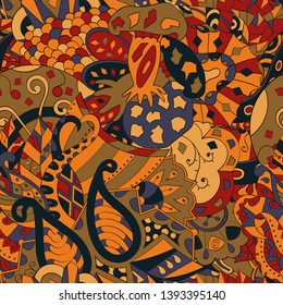 Tracery seamless pattern. Mehndi design. Ethnic colorful doodle texture. Curved doodling background. Vector