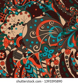 Tracery seamless pattern. Mehndi design. Ethnic colorful doodle texture. Curved doodling background. Vector
