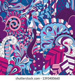 Tracery seamless pattern. Mehndi design. Ethnic colorful doodle texture. Curved doodling background. Vector