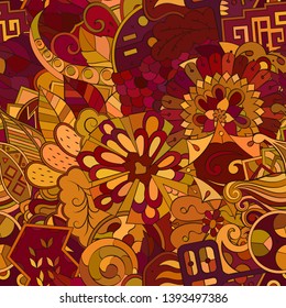 Tracery seamless pattern. Mehndi design. Ethnic colorful doodle texture. Curved doodling background. Vector