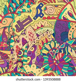 Tracery seamless pattern. Mehndi design. Ethnic colorful doodle texture. Curved doodling background. Vector
