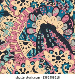 Tracery seamless pattern. Mehndi design. Ethnic colorful doodle texture. Curved doodling background. Vector