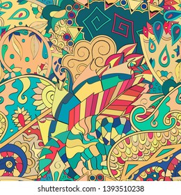 Tracery seamless pattern. Mehndi design. Ethnic colorful doodle texture. Curved doodling background. Vector