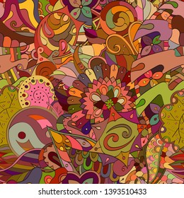 Tracery seamless pattern. Mehndi design. Ethnic colorful doodle texture. Curved doodling background. Vector
