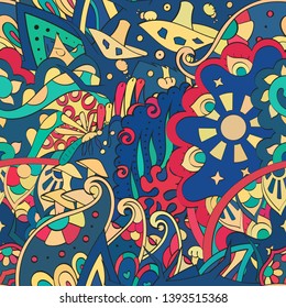Tracery seamless pattern. Mehndi design. Ethnic colorful doodle texture. Curved doodling background. Vector