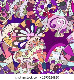 Tracery seamless pattern. Mehndi design. Ethnic colorful doodle texture. Curved doodling background. Vector