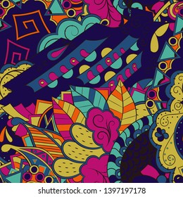 Tracery seamless pattern. Mehndi design. Ethnic colorful doodle texture. Curved doodling background. Vector