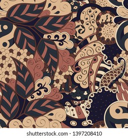 Tracery seamless pattern. Mehndi design. Ethnic colorful doodle texture. Curved doodling background. Vector