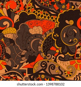Tracery seamless pattern. Mehndi design. Ethnic colorful doodle texture. Curved doodling background. Vector