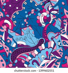 Tracery seamless pattern. Mehndi design. Ethnic colorful doodle texture. Curved doodling background. Vector