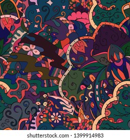 Tracery seamless pattern. Mehndi design. Ethnic colorful doodle texture. Curved doodling background. Vector