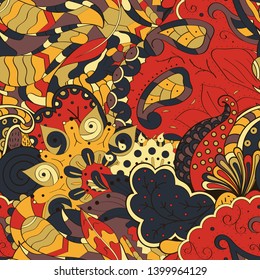 Tracery seamless pattern. Mehndi design. Ethnic colorful doodle texture. Curved doodling background. Vector