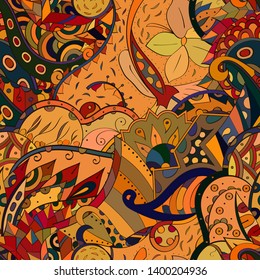 Tracery seamless pattern. Mehndi design. Ethnic colorful doodle texture. Curved doodling background. Vector