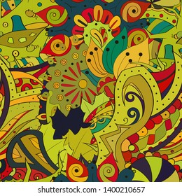 Tracery seamless pattern. Mehndi design. Ethnic colorful doodle texture. Curved doodling background. Vector