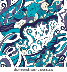 Tracery seamless pattern. Mehndi design. Ethnic colorful doodle texture. Curved doodling background. Vector
