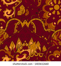 Tracery seamless pattern. Mehndi design. Ethnic colorful doodle texture. Curved doodling background. Vector