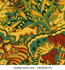 Tracery seamless pattern. Mehndi design. Ethnic colorful doodle texture. Curved doodling background. Vector