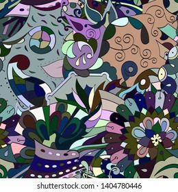 Tracery seamless pattern. Mehndi design. Ethnic colorful doodle texture. Curved doodling background. Vector