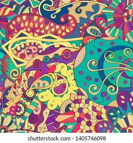 Tracery seamless pattern. Mehndi design. Ethnic colorful doodle texture. Curved doodling background. Vector