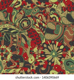 Tracery seamless pattern. Mehndi design. Ethnic colorful doodle texture. Curved doodling background. Vector