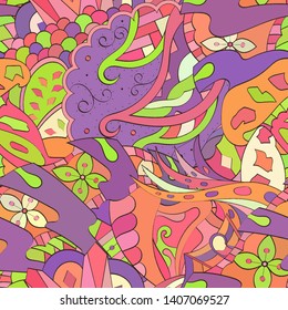 Tracery seamless pattern. Mehndi design. Ethnic colorful doodle texture. Curved doodling background. Vector
