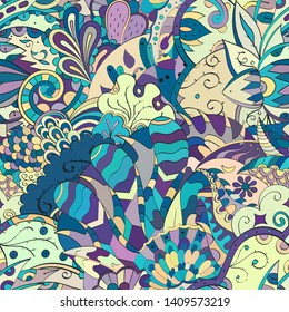 Tracery seamless pattern. Mehndi design. Ethnic colorful doodle texture. Curved doodling background. Vector