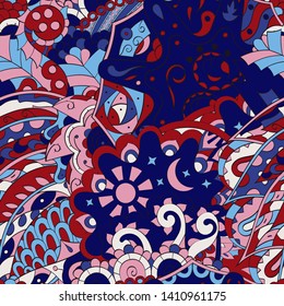 Tracery seamless pattern. Mehndi design. Ethnic colorful doodle texture. Curved doodling background. Vector
