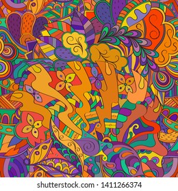 Tracery seamless pattern. Mehndi design. Ethnic colorful doodle texture. Curved doodling background. Vector