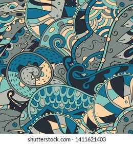 Tracery seamless pattern. Mehndi design. Ethnic colorful doodle texture. Curved doodling background. Vector