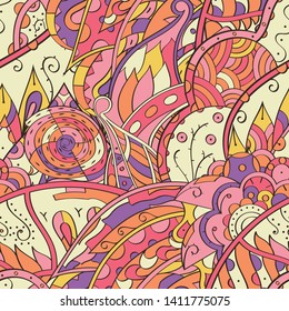 Tracery seamless pattern. Mehndi design. Ethnic colorful doodle texture. Curved doodling background. Vector