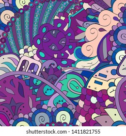 Tracery seamless pattern. Mehndi design. Ethnic colorful doodle texture. Curved doodling background. Vector