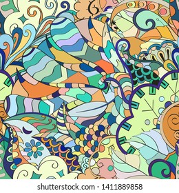 Tracery seamless pattern. Mehndi design. Ethnic colorful doodle texture. Curved doodling background. Vector
