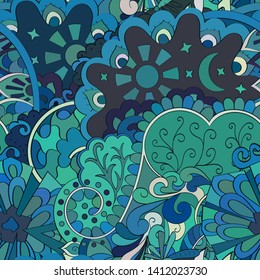 Tracery seamless pattern. Mehndi design. Ethnic colorful doodle texture. Curved doodling background. Vector