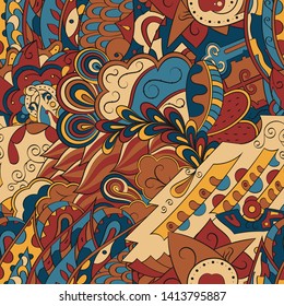 Tracery seamless pattern. Mehndi design. Ethnic colorful doodle texture. Curved doodling background. Vector