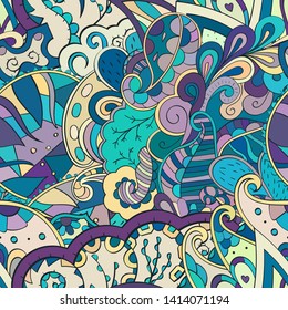 Tracery seamless pattern. Mehndi design. Ethnic colorful doodle texture. Curved doodling background. Vector