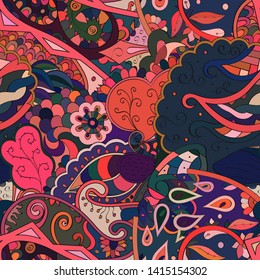 Tracery seamless pattern. Mehndi design. Ethnic colorful doodle texture. Curved doodling background. Vector
