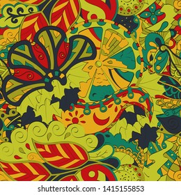 Tracery seamless pattern. Mehndi design. Ethnic colorful doodle texture. Curved doodling background. Vector