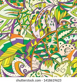 Tracery seamless pattern. Mehndi design. Ethnic colorful doodle texture. Curved doodling background. Vector