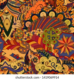 Tracery seamless pattern. Mehndi design. Ethnic colorful doodle texture. Curved doodling background. Vector