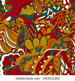 Tracery seamless pattern. Mehndi design. Ethnic colorful doodle texture. Curved doodling background. Vector