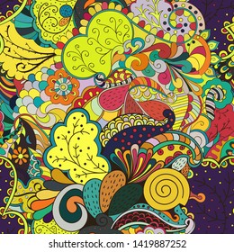 Tracery seamless pattern. Mehndi design. Ethnic colorful doodle texture. Curved doodling background. Vector